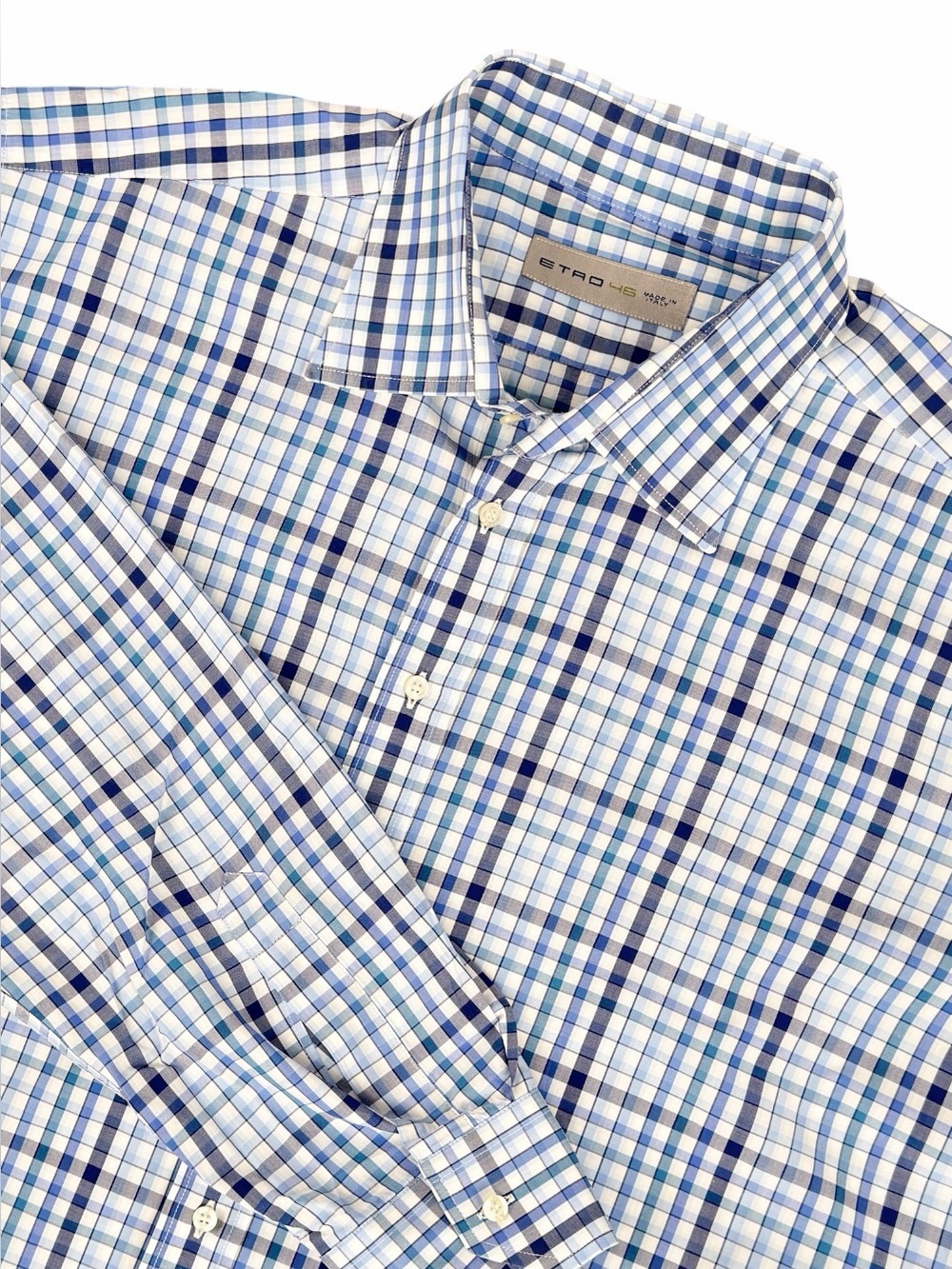 Etro Men's 46 XL Dress Shirt Blue White Plaid Check Long Sleeve Made in Italy